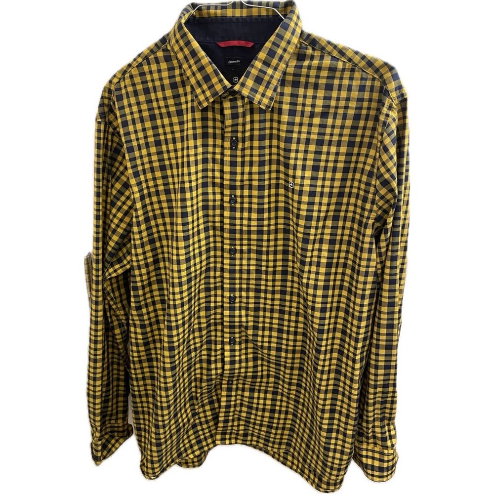 Victorinox Tailored Fit Long Sleeve Shirt Men's 2x Blue Yellow Plaid Stretch